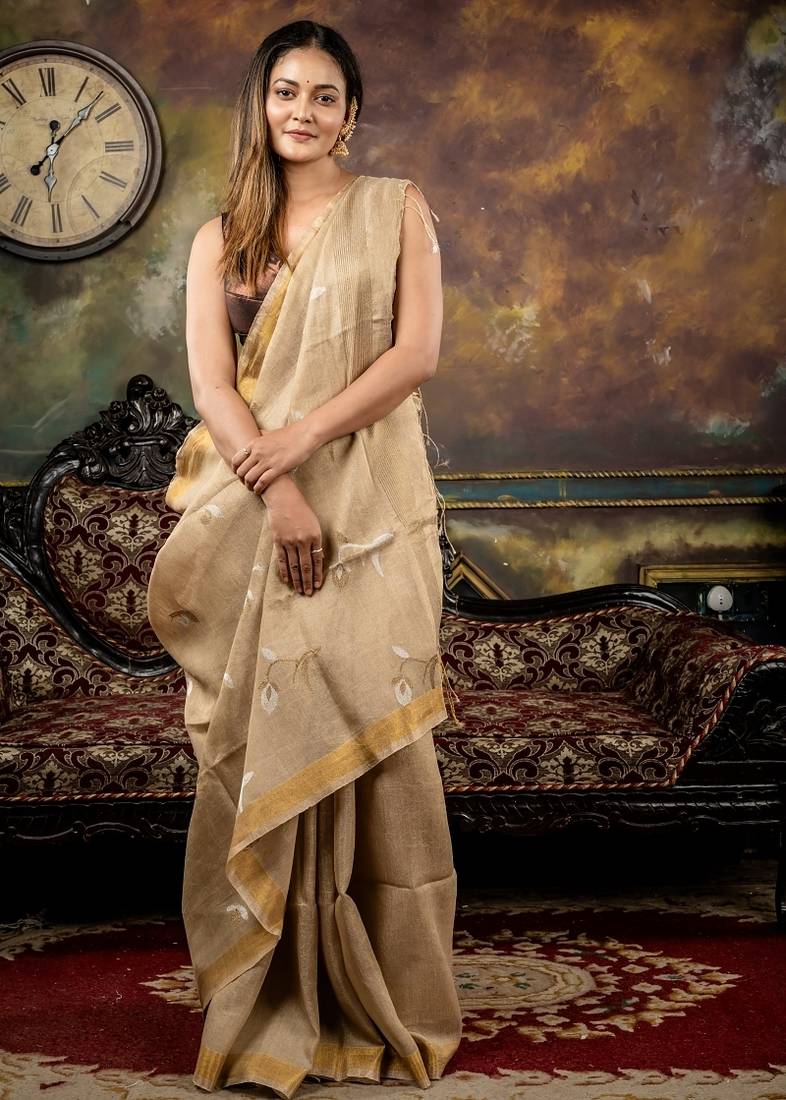 beige hand woven linen zari work all seasons sarees