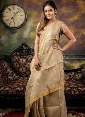 beige hand woven linen zari work all seasons sarees 2