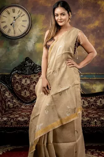 beige hand woven linen zari work all seasons sarees