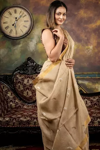 beige hand woven linen zari work all seasons sarees