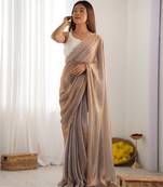 chiku color beautiful bollywood style ceremonial saree with beeds work blouse