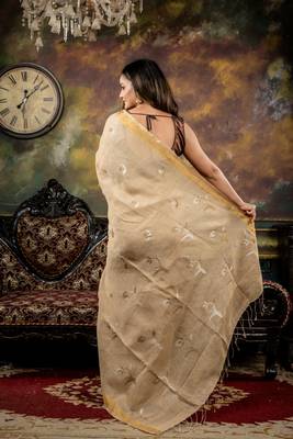 beige hand woven linen zari work all seasons sarees 4
