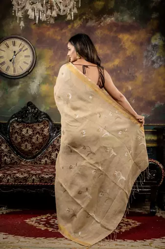 beige hand woven linen zari work all seasons sarees