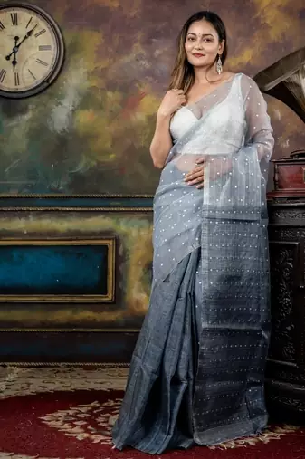 blue hand woven silk blend cotton zari work all seasons sarees