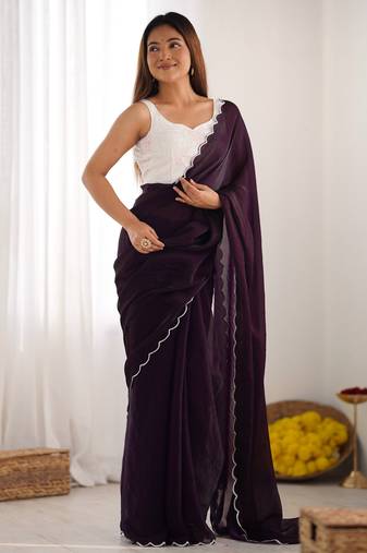 Wine color beautiful bollywood style ceremonial saree with beeds work blouse