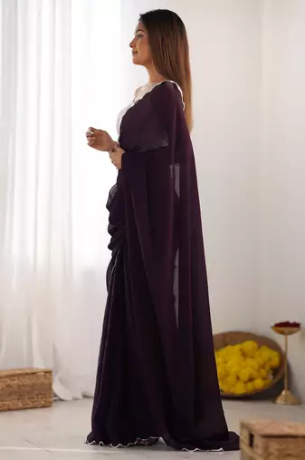 Wine style ceremonial saree with beeds work blouse