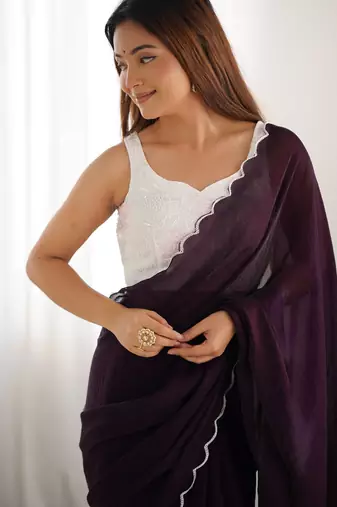 Wine style ceremonial saree with beeds work blouse