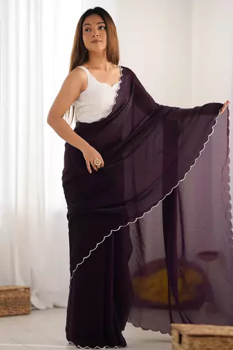 Wine style ceremonial saree with beeds work blouse