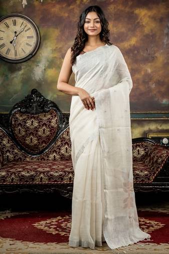 white hand woven linen zari work all seasons sarees