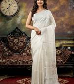 white hand woven linen zari work all seasons sarees