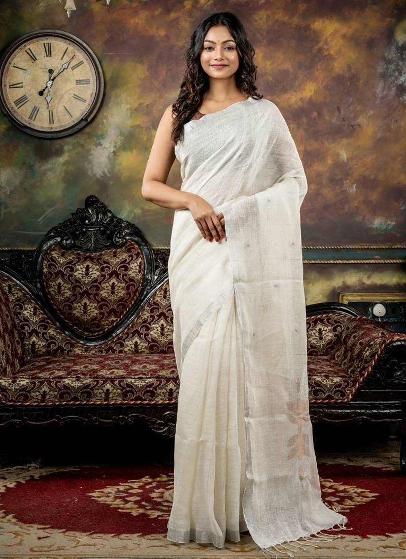 white hand woven linen zari work all seasons sarees