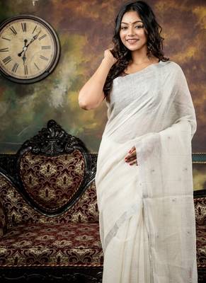 white hand woven linen zari work all seasons sarees 2