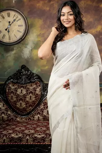 white hand woven linen zari work all seasons sarees