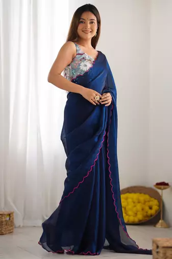 petrol color beautiful bollywood style ceremonial saree with beeds work blouse