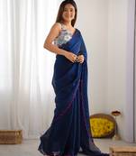 petrol color beautiful bollywood style ceremonial saree with beeds work blouse