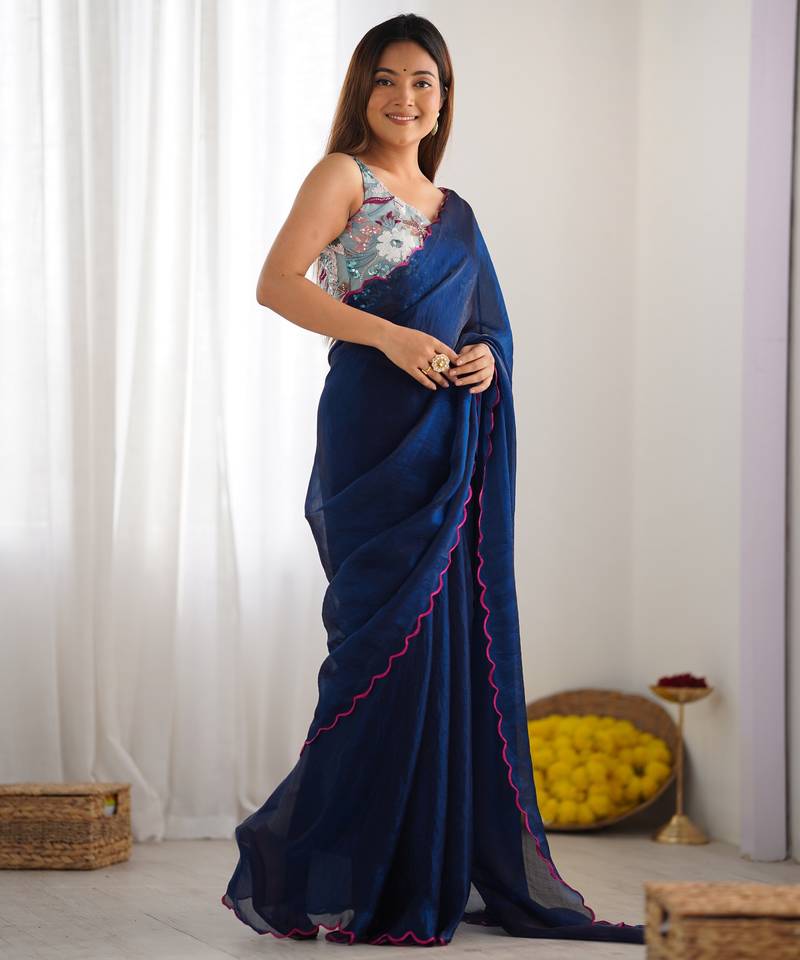 petrol color beautiful bollywood style ceremonial saree with beeds work blouse