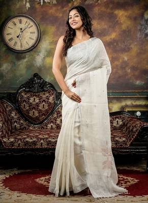 white hand woven linen zari work all seasons sarees 3