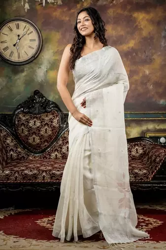 white hand woven linen zari work all seasons sarees