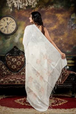 white hand woven linen zari work all seasons sarees 4