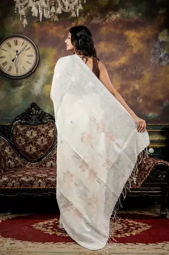 white hand woven linen zari work all seasons sarees