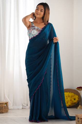 rama color beautiful bollywood style ceremonial saree with beeds work blouse