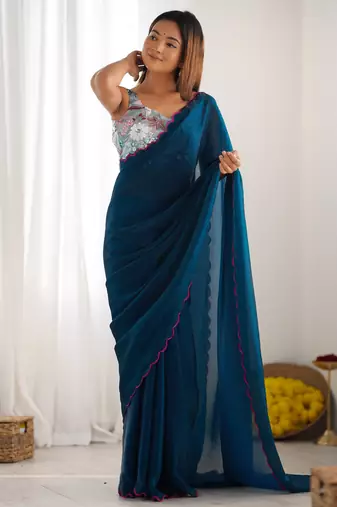 rama color beautiful bollywood style ceremonial saree with beeds work blouse