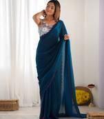 rama color beautiful bollywood style ceremonial saree with beeds work blouse