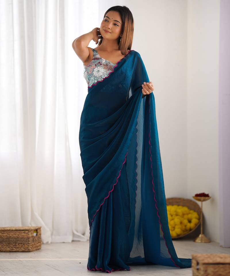 rama color beautiful bollywood style ceremonial saree with beeds work blouse