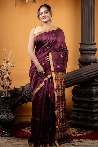 wine hand woven matka silk blend zari work all seasons sarees