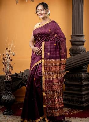 wine hand woven matka silk blend zari work all seasons sarees 3