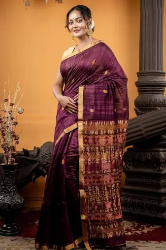 wine hand woven matka silk blend zari work all seasons sarees