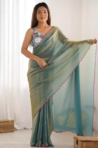 sky blue color beautiful bollywood style ceremonial saree with beeds work blouse