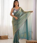 sky blue color beautiful bollywood style ceremonial saree with beeds work blouse