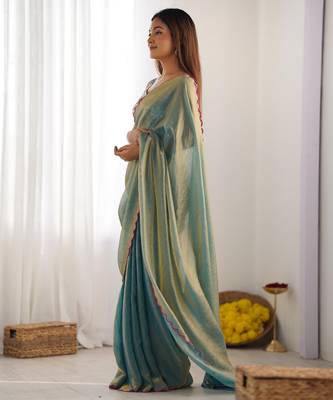 sky blue style ceremonial saree with beeds work blouse 2