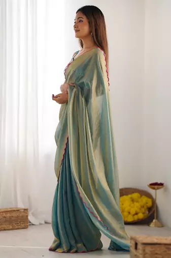 sky blue style ceremonial saree with beeds work blouse