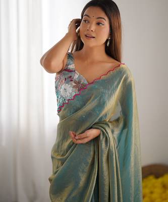 sky blue style ceremonial saree with beeds work blouse 3