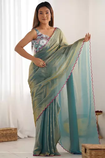 sky blue style ceremonial saree with beeds work blouse
