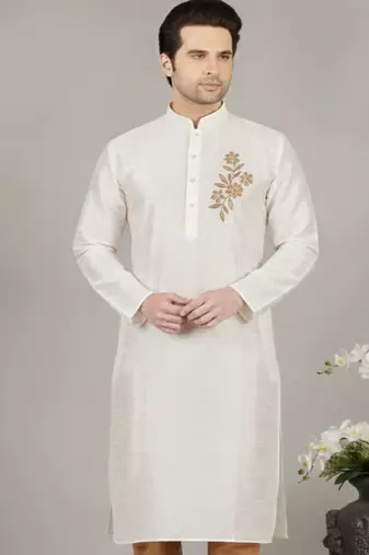 White embroidered dupion silk kurta