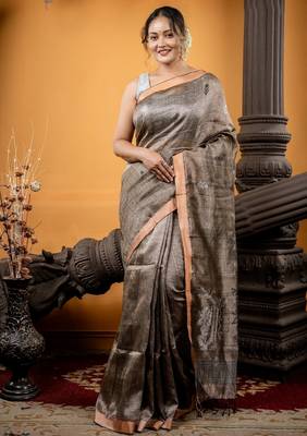 brown hand woven linen zari work all seasons sarees 1