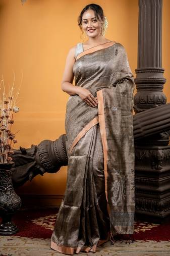 brown hand woven linen zari work all seasons sarees