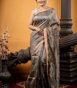 brown hand woven linen zari work all seasons sarees