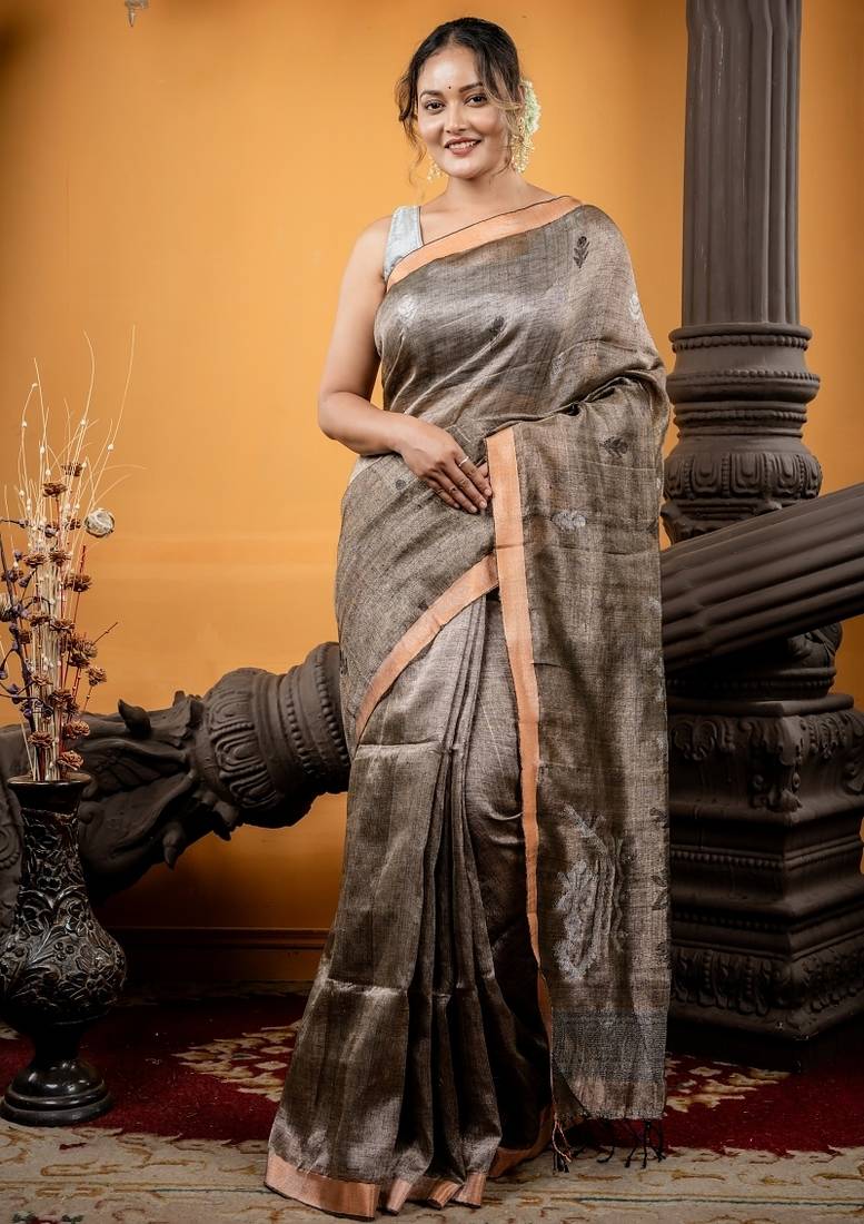 brown hand woven linen zari work all seasons sarees