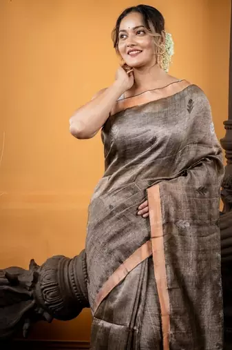 brown hand woven linen zari work all seasons sarees