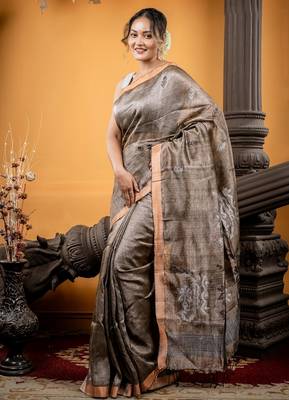brown hand woven linen zari work all seasons sarees 3