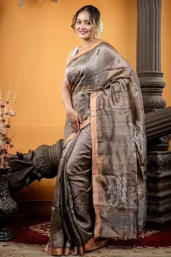 brown hand woven linen zari work all seasons sarees