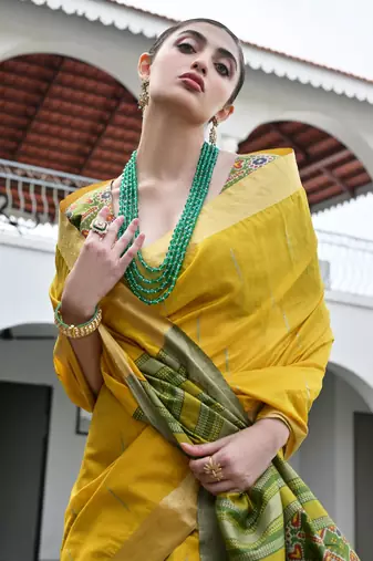 mustard khadi raw silk blend blend woven meena rich pallu border saree