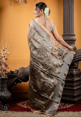 brown hand woven linen zari work all seasons sarees 4