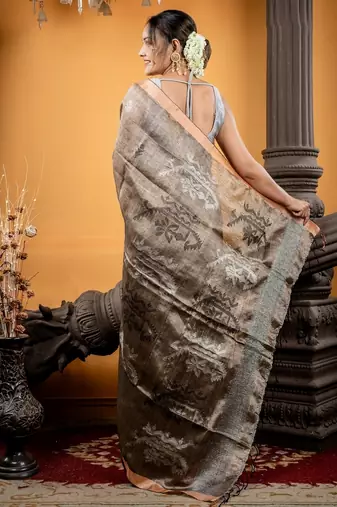 brown hand woven linen zari work all seasons sarees
