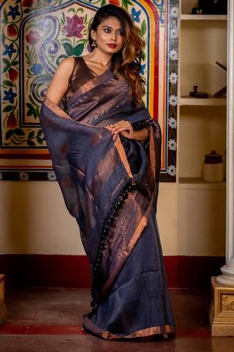 grey hand woven linen zari work all seasons sarees