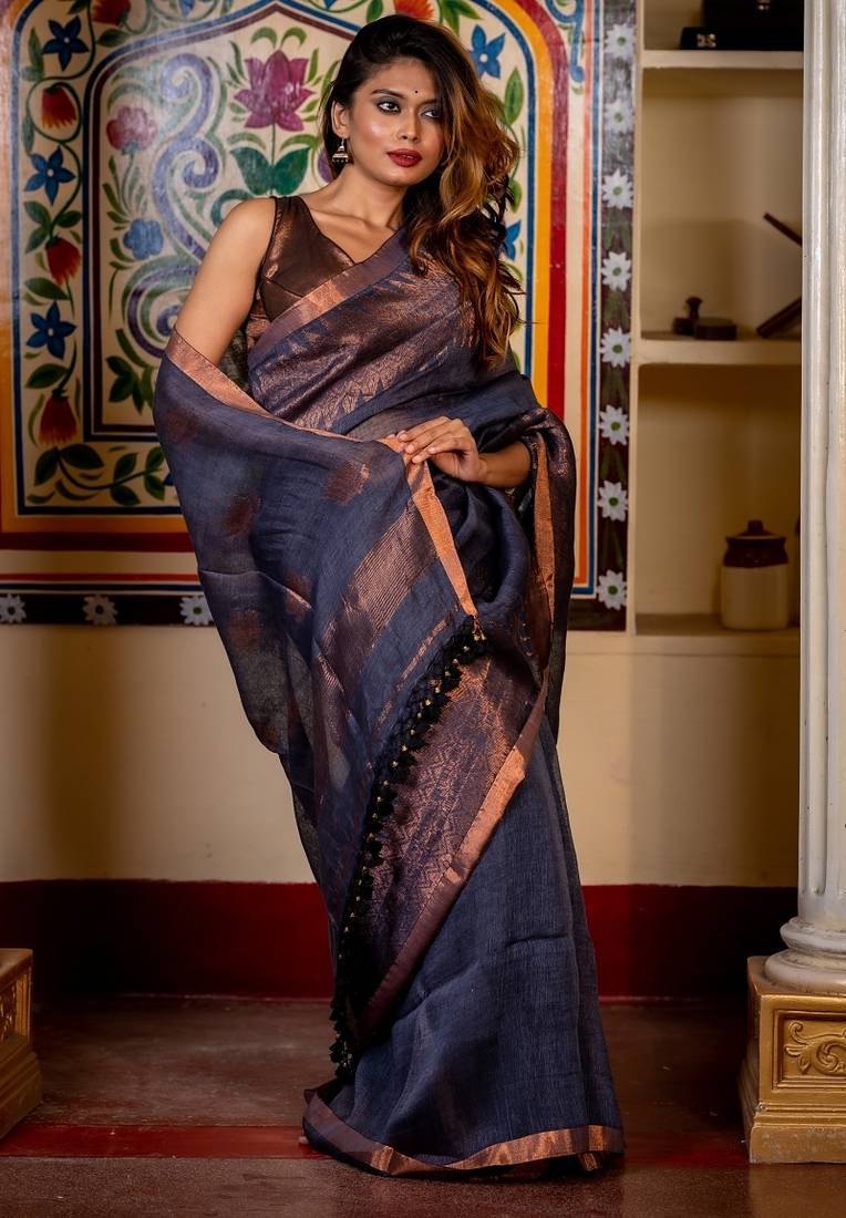grey hand woven linen zari work all seasons sarees